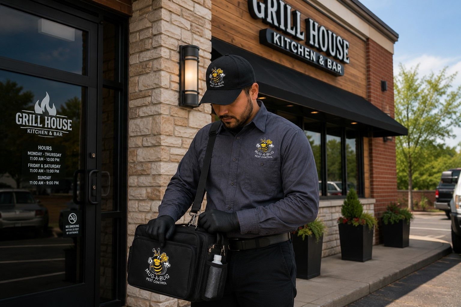 Delivery worker holding food bags outside Grill House Kitchen storefront