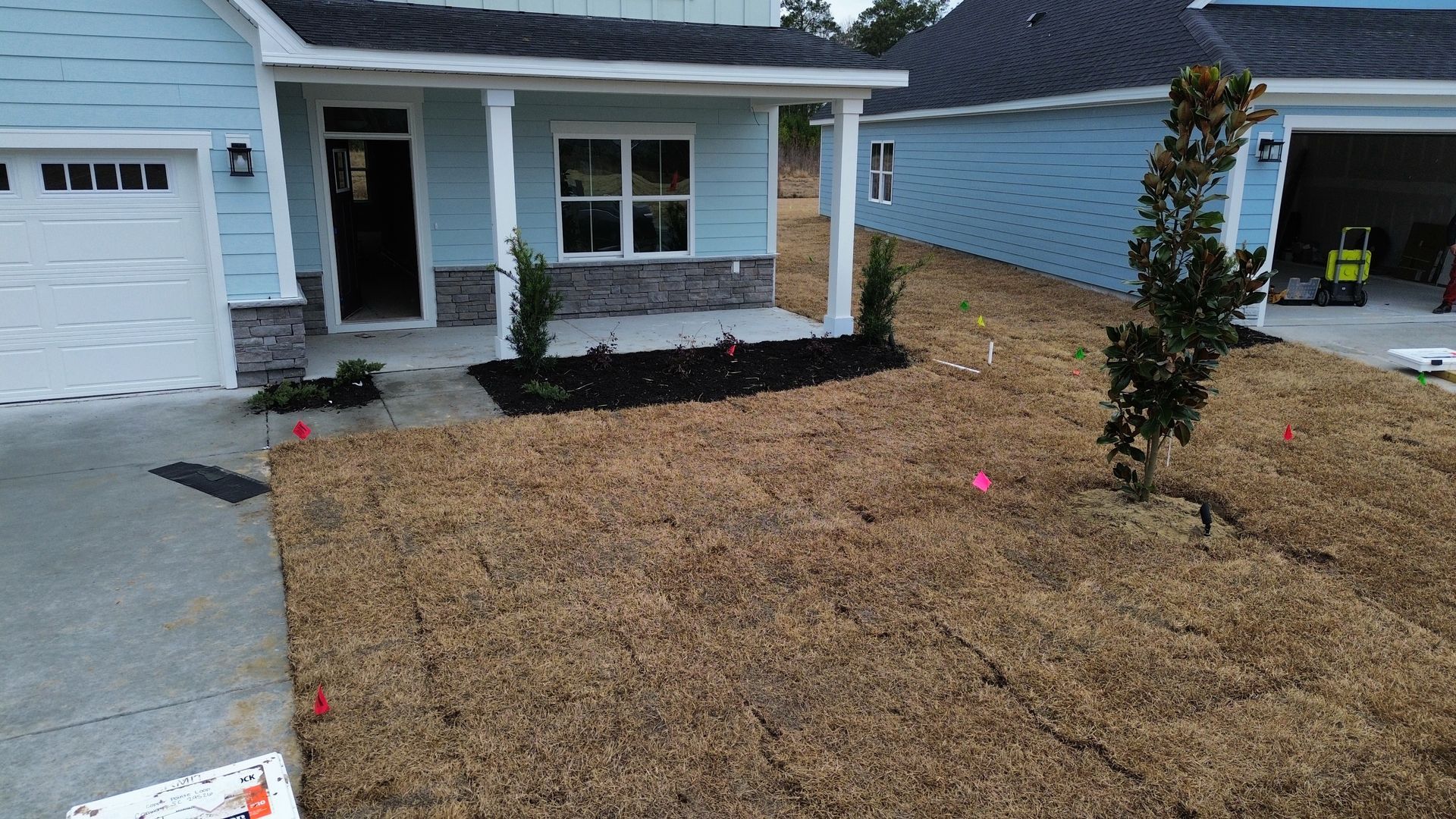 Light blue house with dry brown grass yard. Black mulch, small trees, and white garage door.