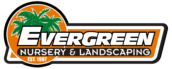 Logo for Evergreen Nursery & Landscaping: Orange circle with palm trees, text 