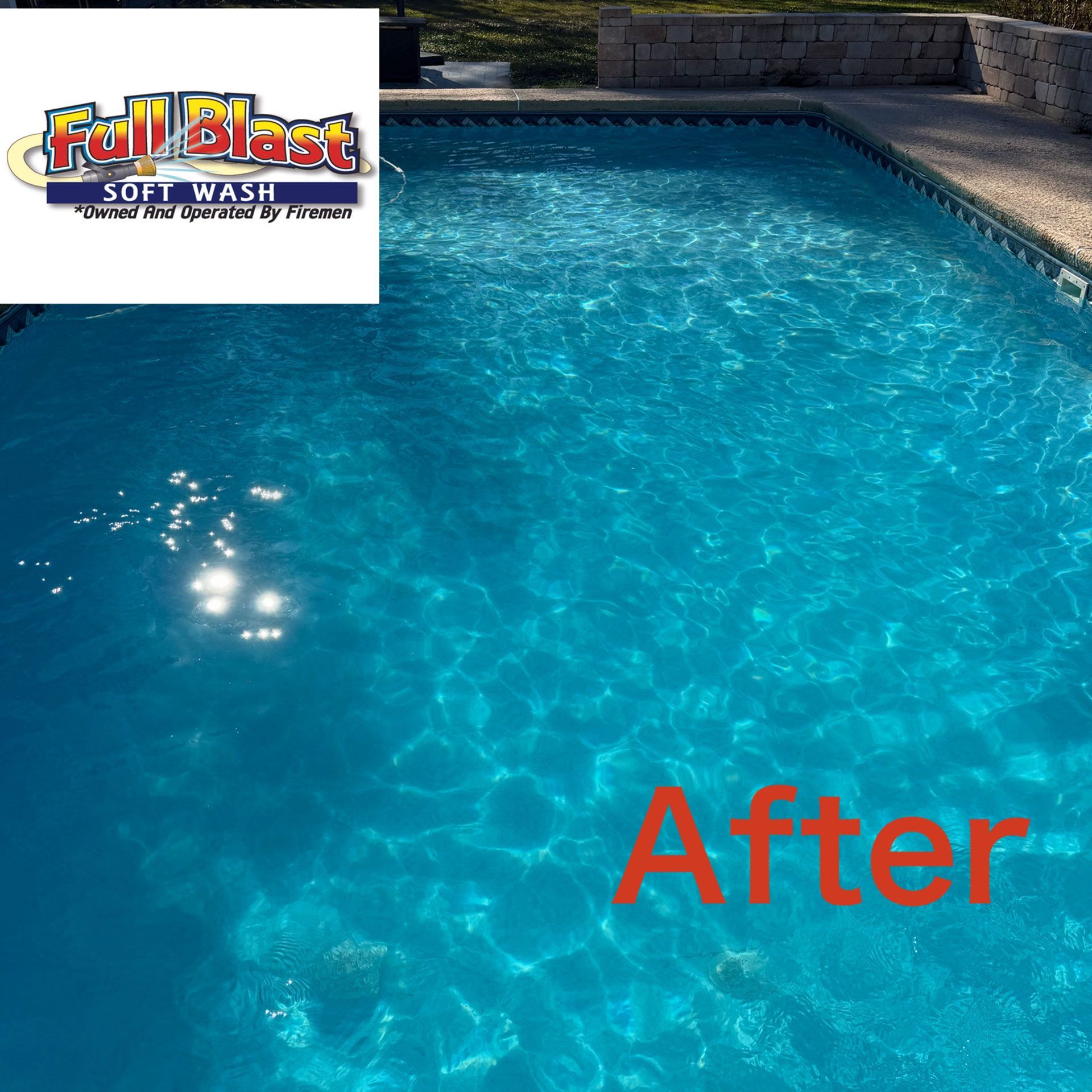 Blue swimming pool with a “Full Blast” logo at top left and red “After” text in the lower right.