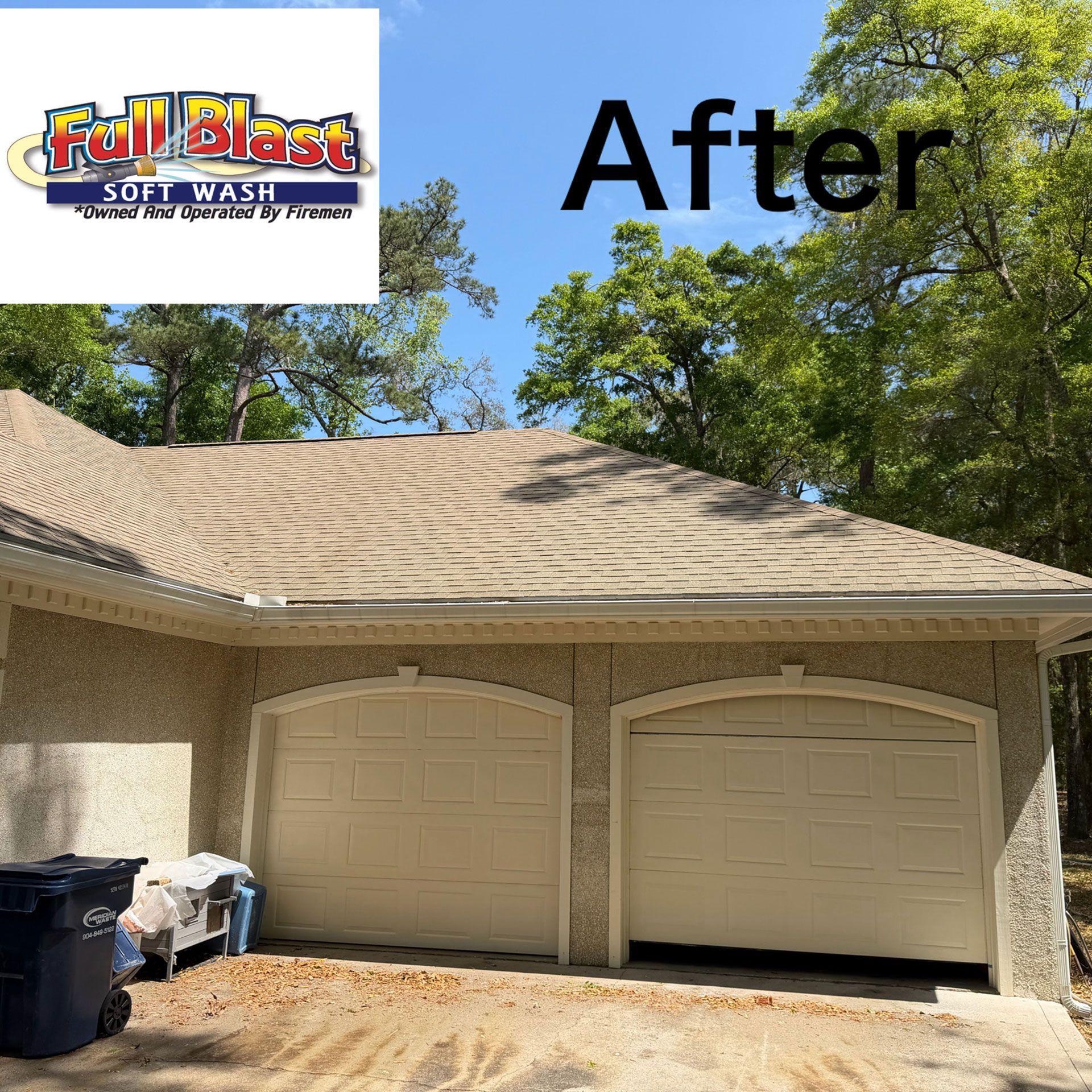 After: cleaned tan garage roof and driveway with visible gutter, trees, and Full Blast Soft Wash logo.