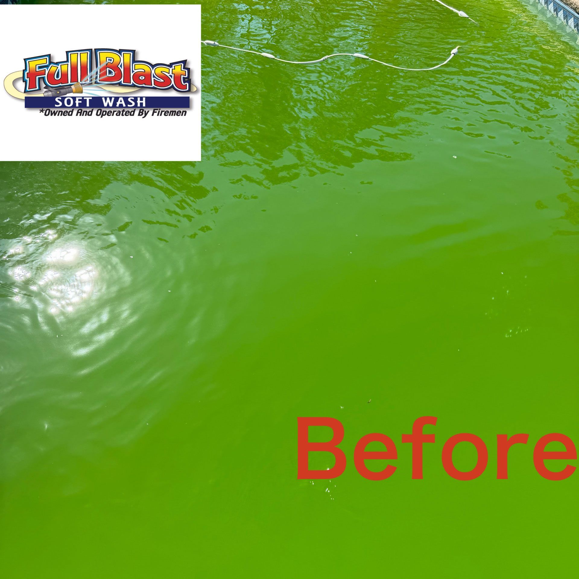 Green pond water with a “Before” label and a small Full Blast Solar Water logo in the corner