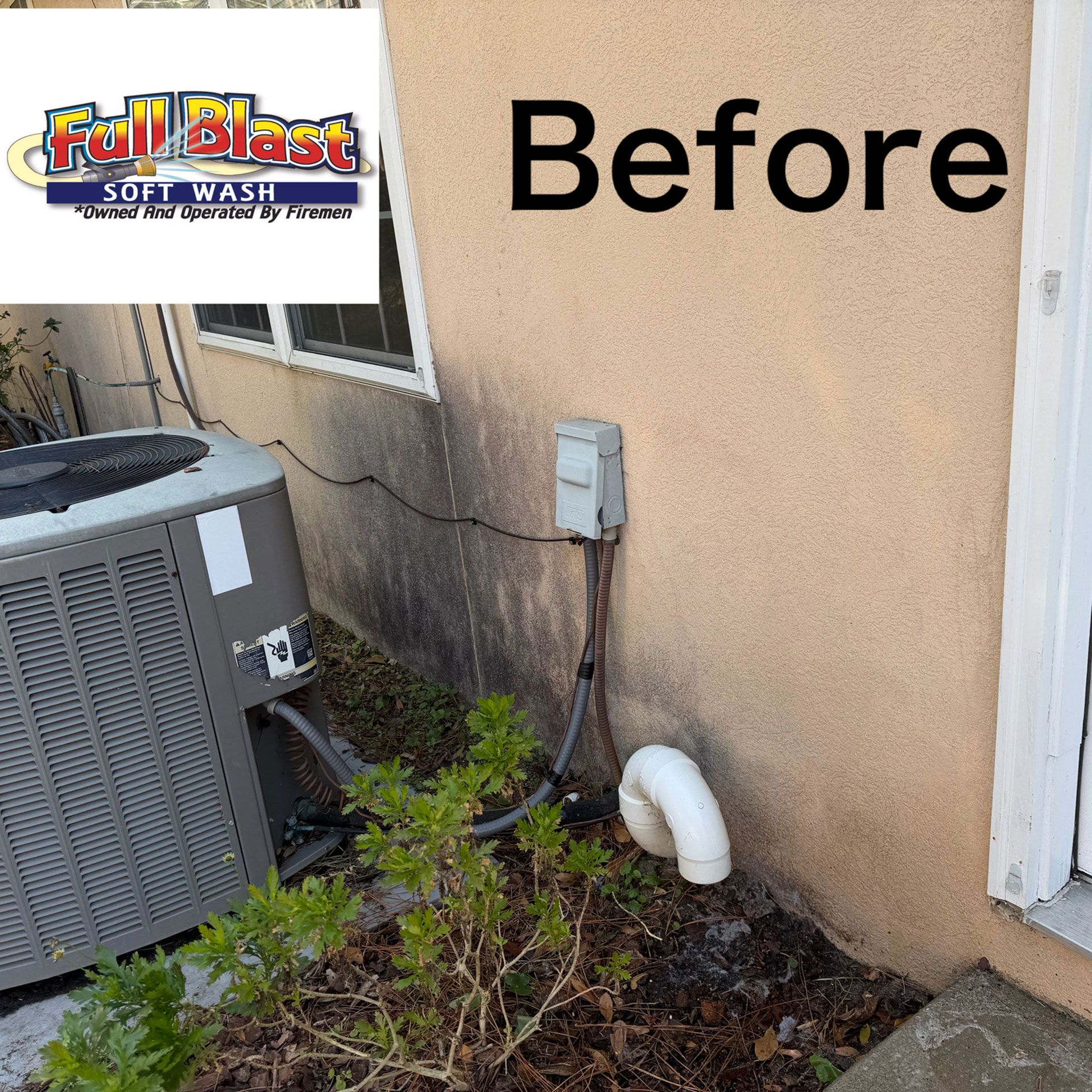 Exterior wall with HVAC unit, utility box, shrubs, and a white pipe; “Before” label in corner