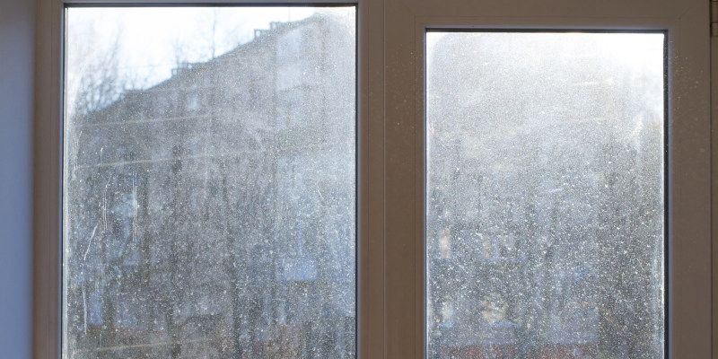 Foggy window panes with a blurry building visible outside