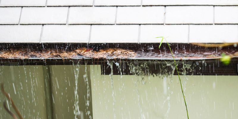 Rainwater pouring from roof eaves into a gutter, with white siding above and green lawn below