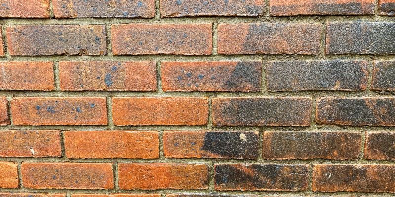 Weathered red brick wall with dark mortar and some gray discoloration