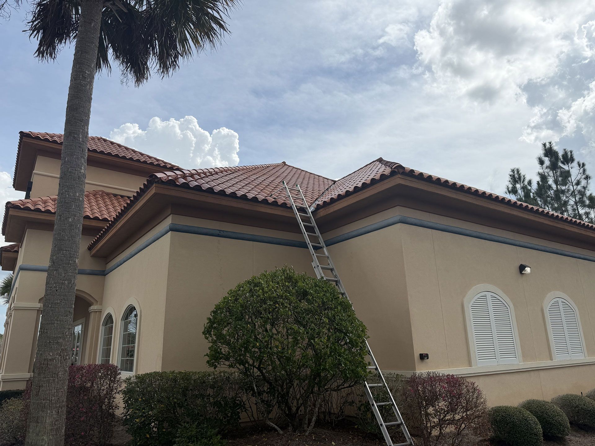 Single-story house with a ladder leaning against the roof under a cloudy sky
