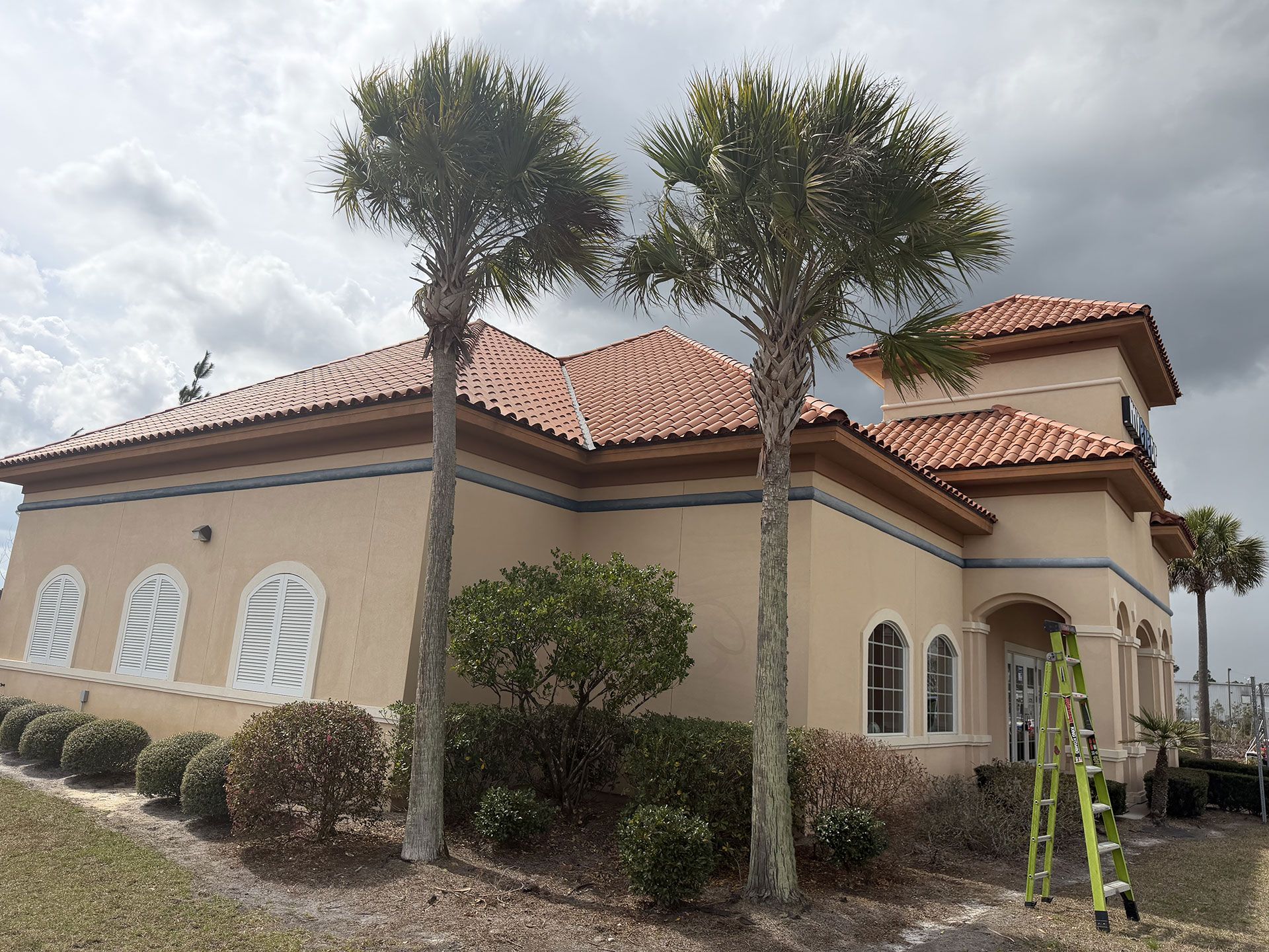 Tan stucco house with red tile roof, palm trees, and a yellow ladder by the side wall