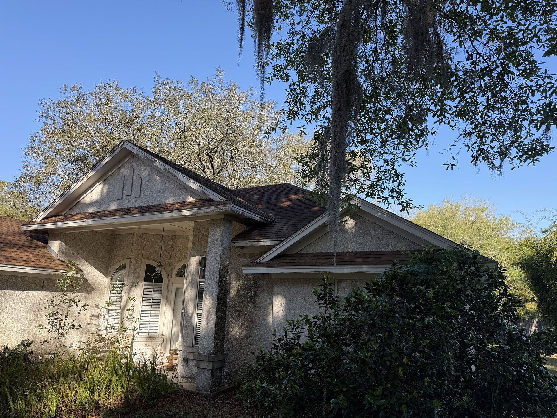 Abandoned stone house with boarded windows and overgrown trees in front under a blue sky