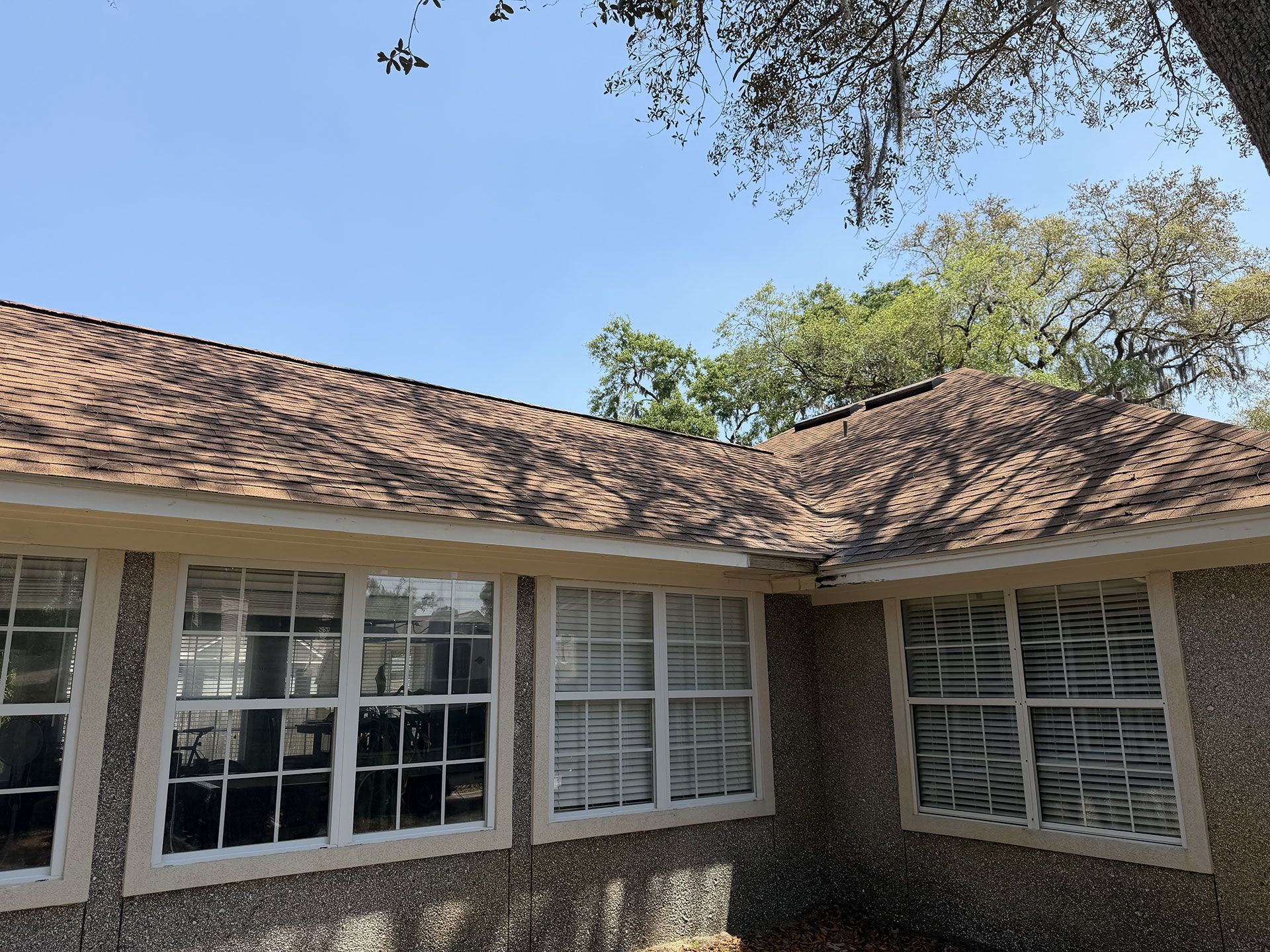 Single-story house exterior with brown shingle roof and white-framed windows under a blue sky