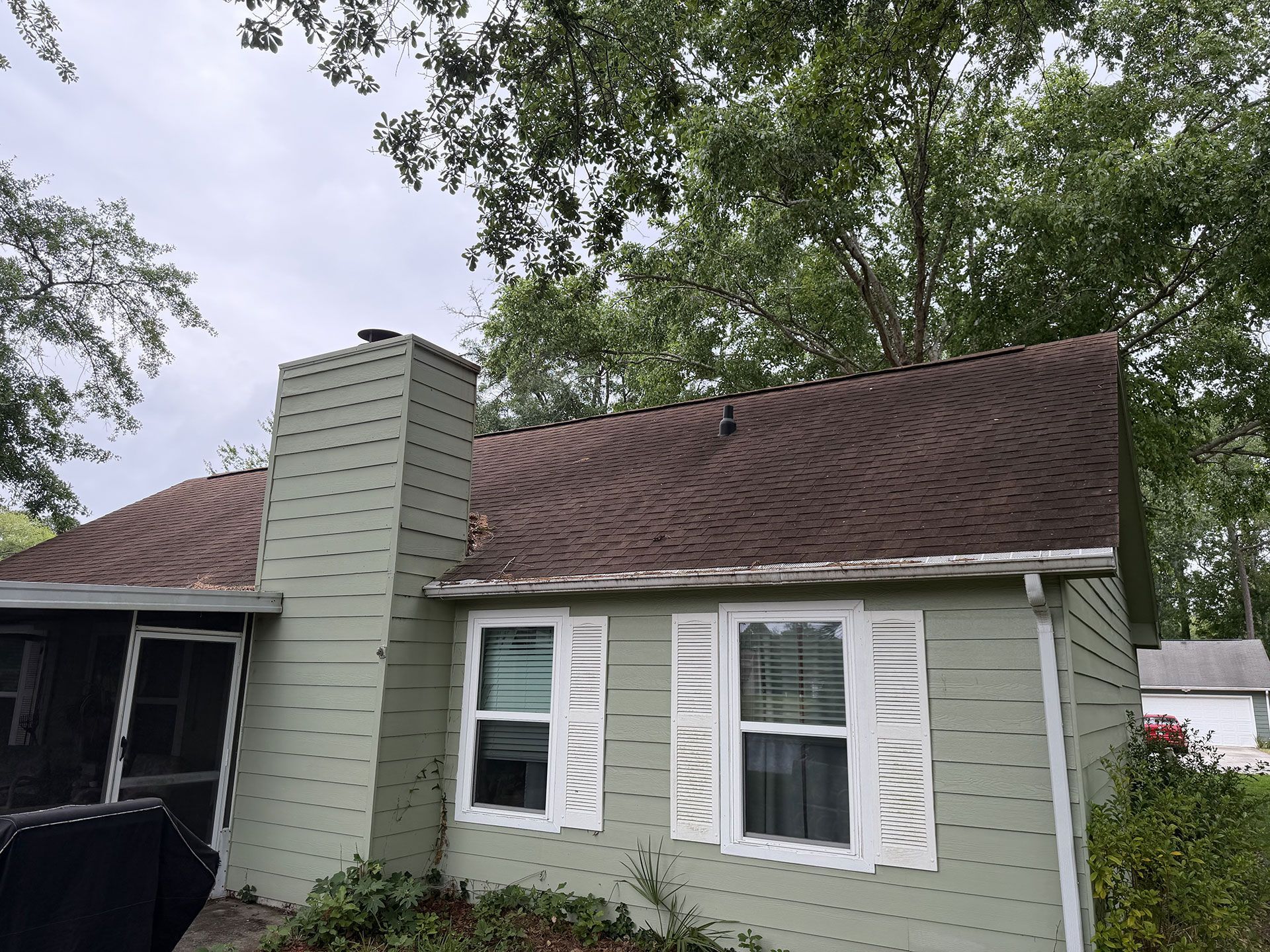 Single-story house with green siding, brown shingled roof, white shutters, and a chimney under trees.