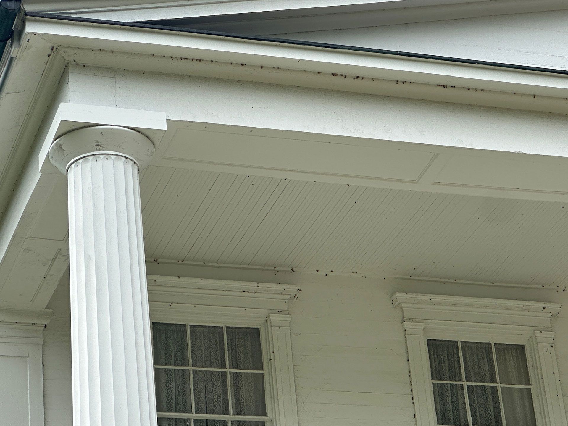 White porch column and windows under a house eave with white siding and trim