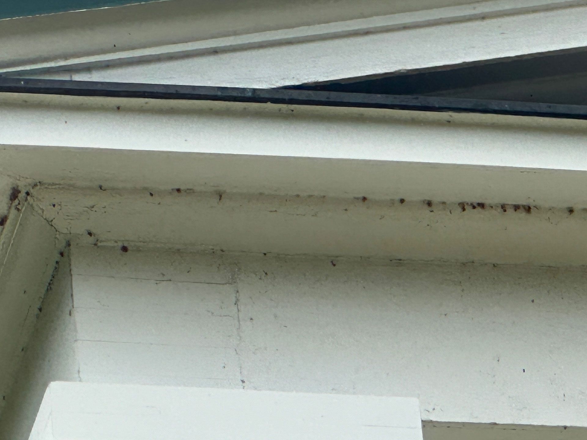 Close-up of a white window frame corner with dirt specks and a dark seal at the top
