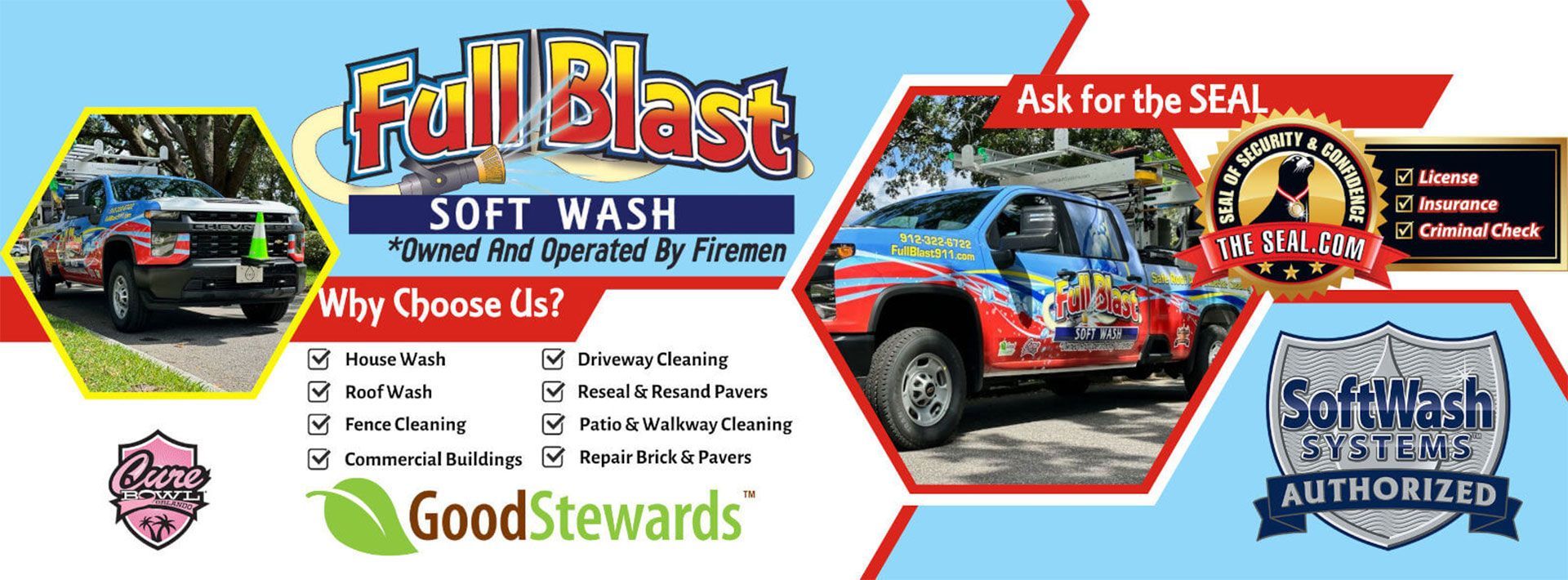 Full Blast Soft Wash service ad with trucks, red banner, and Good Stewards logo