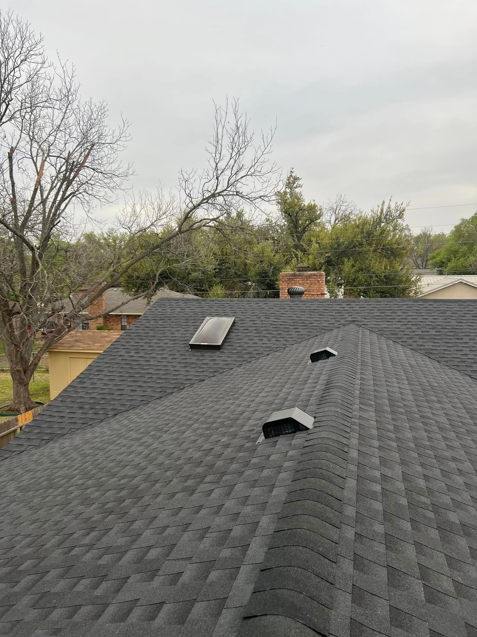 Rooftop with dark shingles, two vents, and a skylight under an overcast sky.
