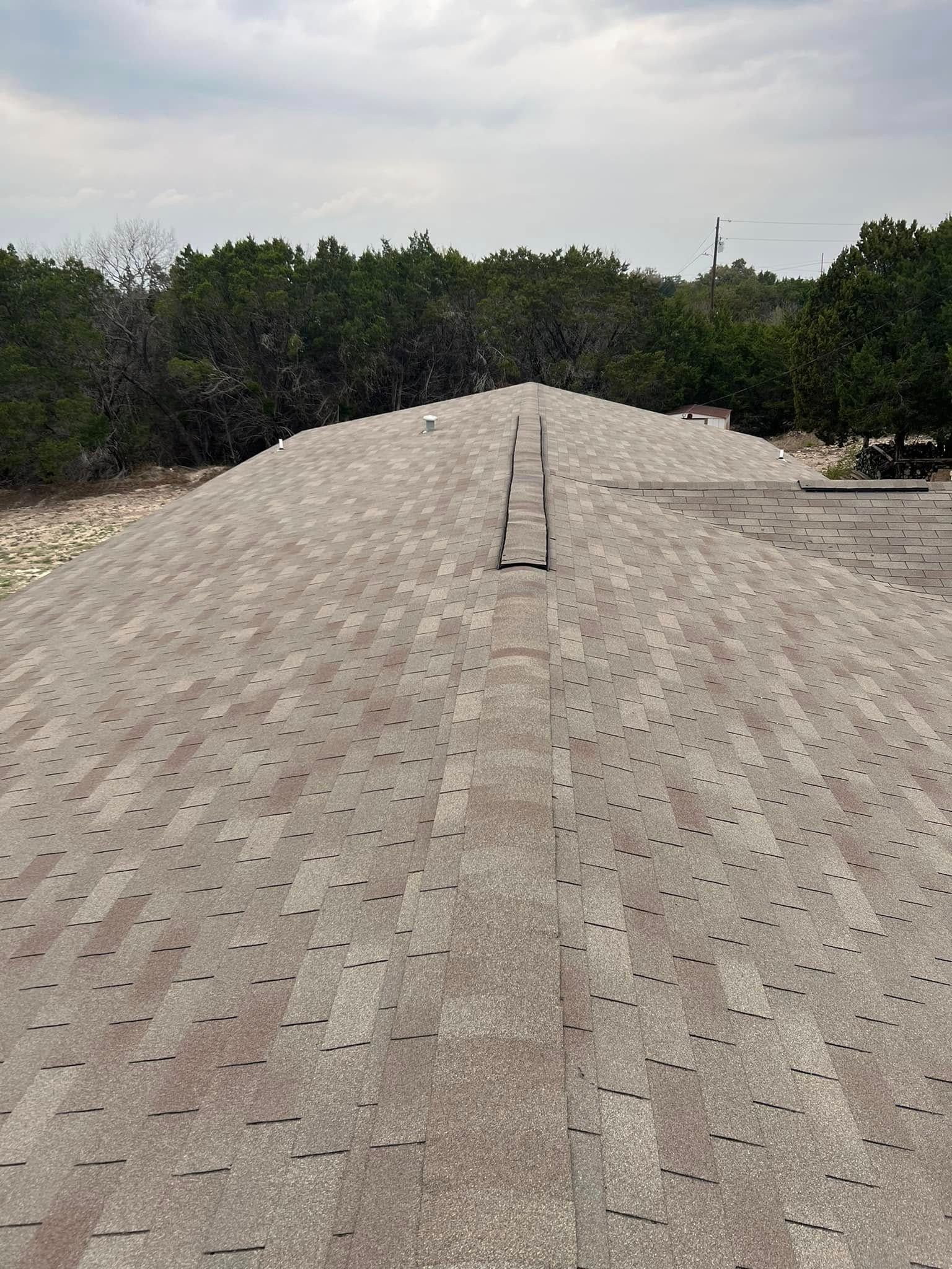 Rooftop with tan shingles and a central ridge vent, surrounded by trees under an overcast sky
