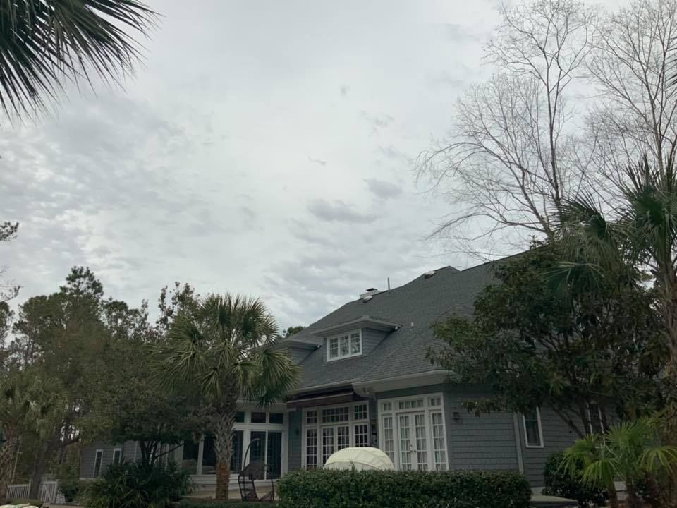 Gray house with a dark roof and white trim behind trees under an overcast sky