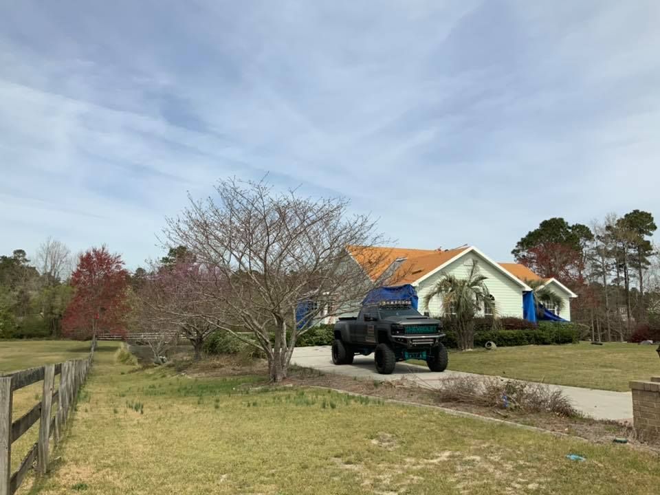 Black pickup truck parked in a suburban driveway beside a blue house with a leafless tree and grassy yard