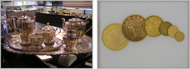 Sterling tea set, gold coins