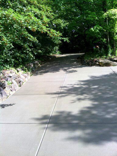 A concrete driveway leading to a forest with trees on both sides.