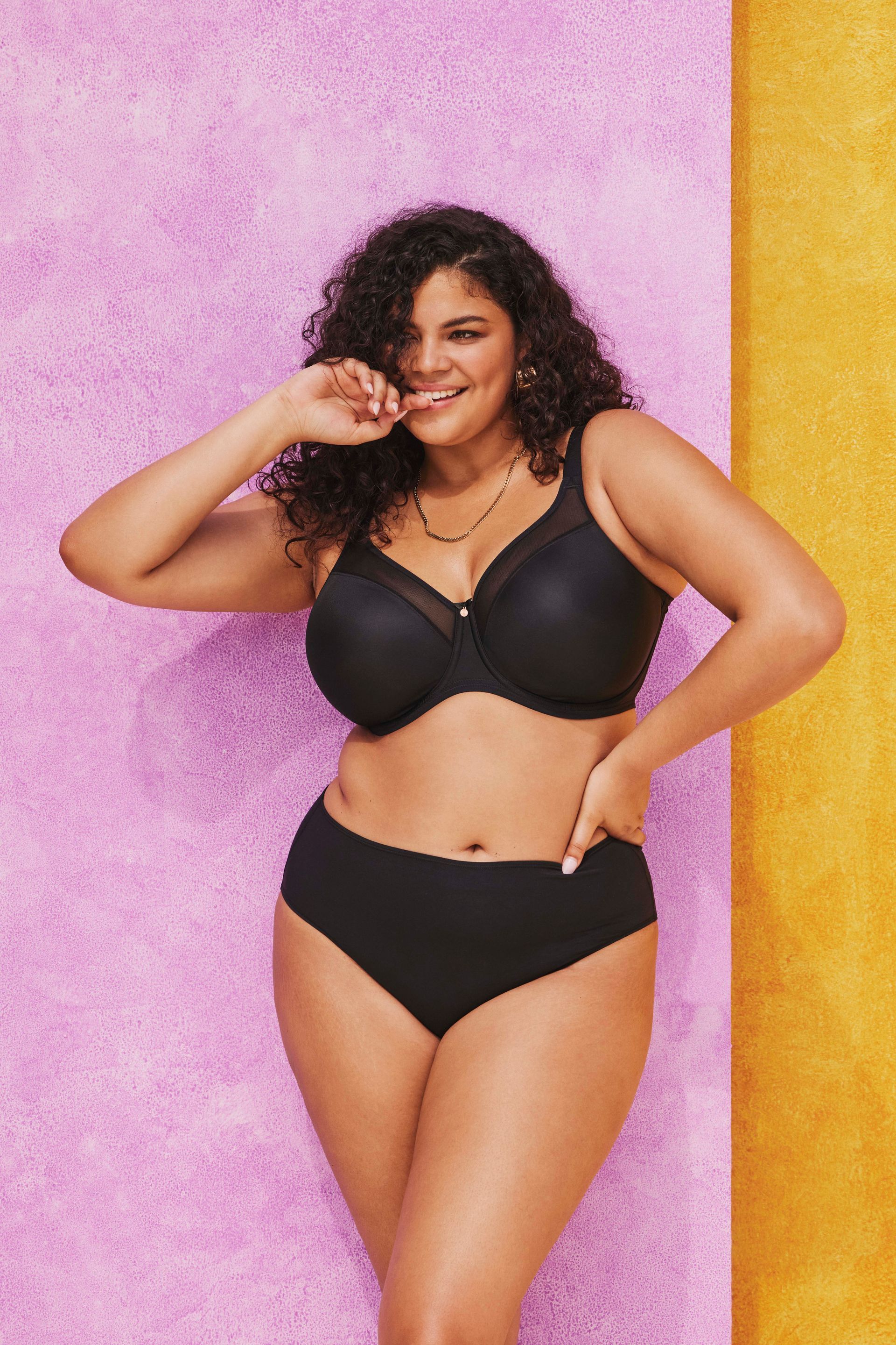 A woman wearing a non-padded bra