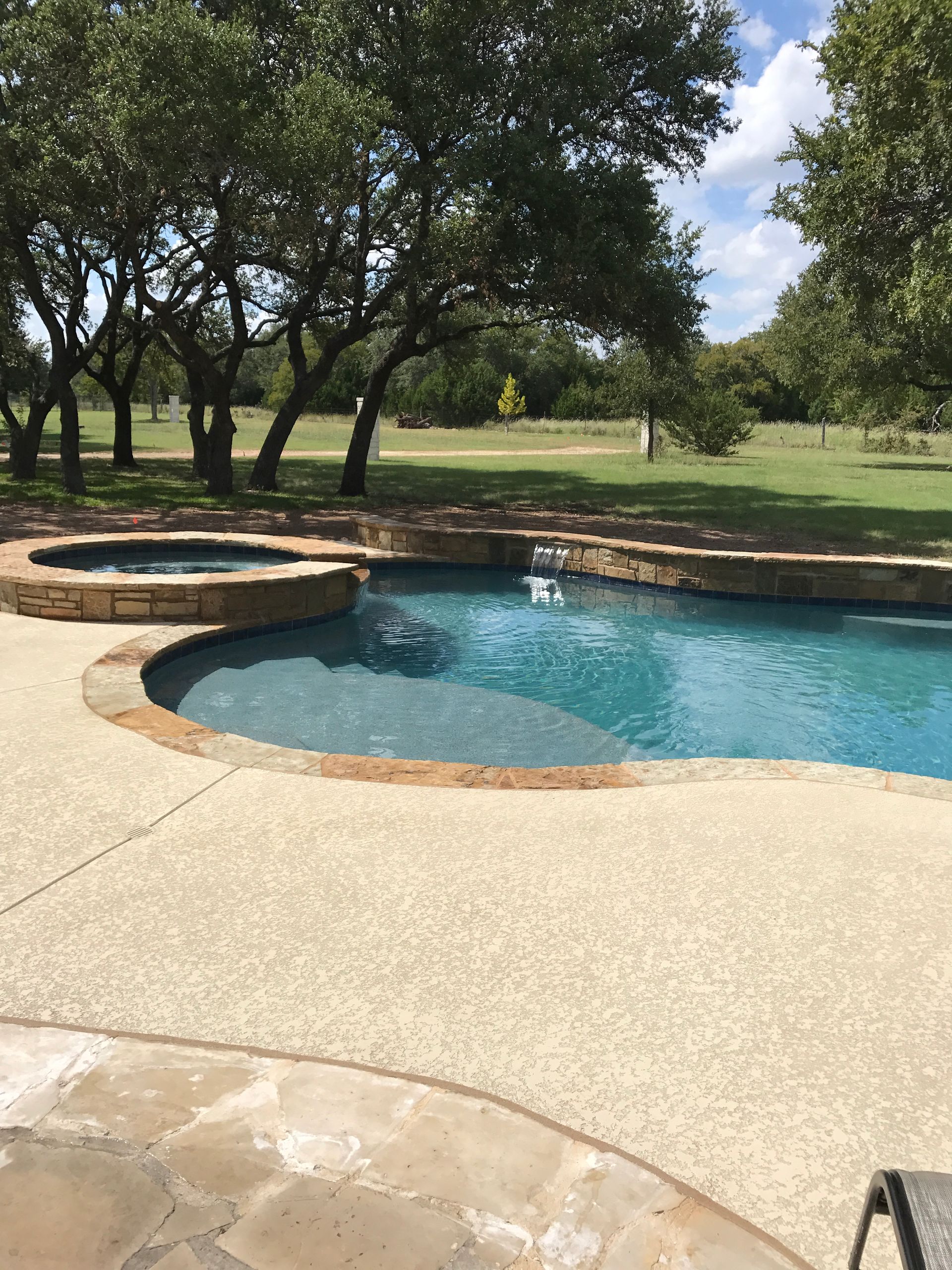 A large swimming pool with trees in the background