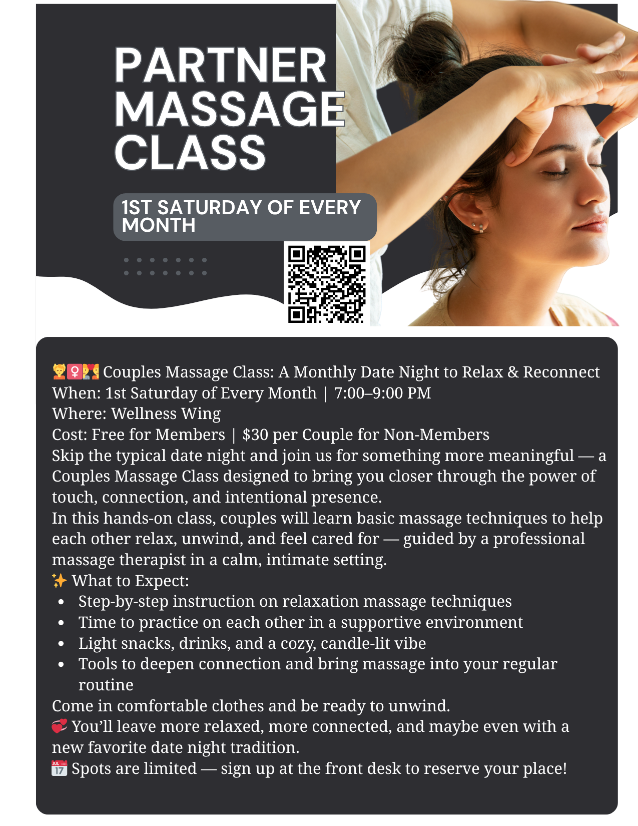 Flyer: Partner massage class on the first Saturday of each month. A person is getting a head massage.