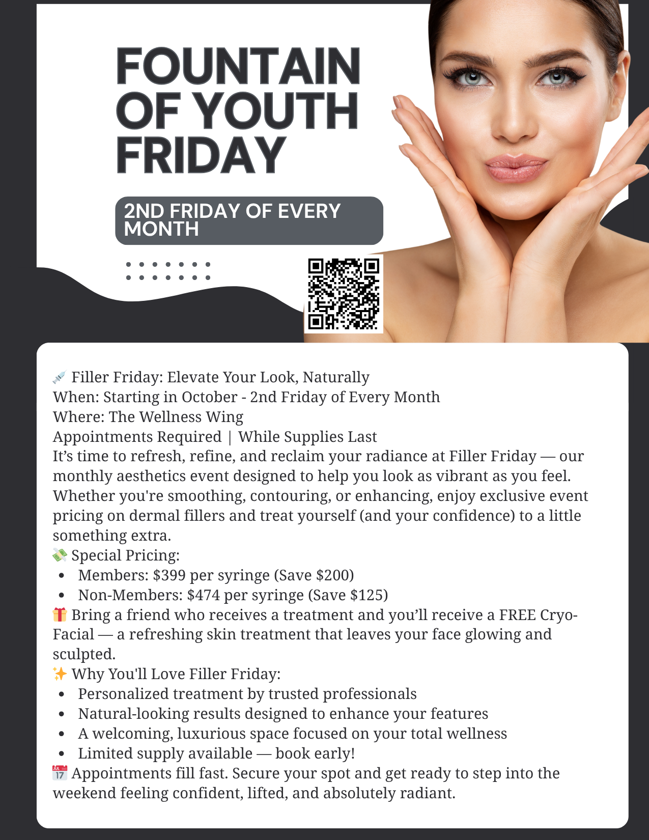 Promotional flyer: Fountain of Youth Friday event, featuring a woman making a kissy face. Text details event specifics.