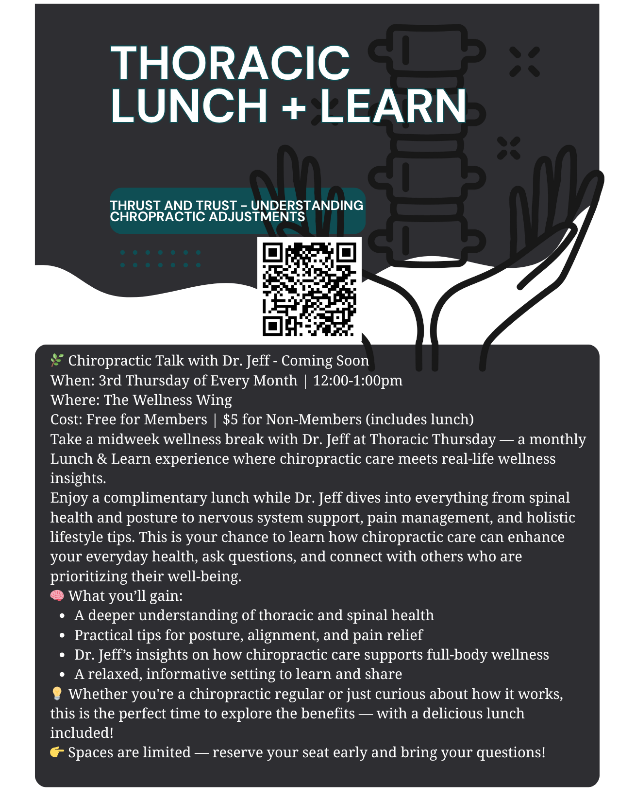 Poster: Thoracic Lunch + Learn about chiropractic adjustments with QR code and event details.
