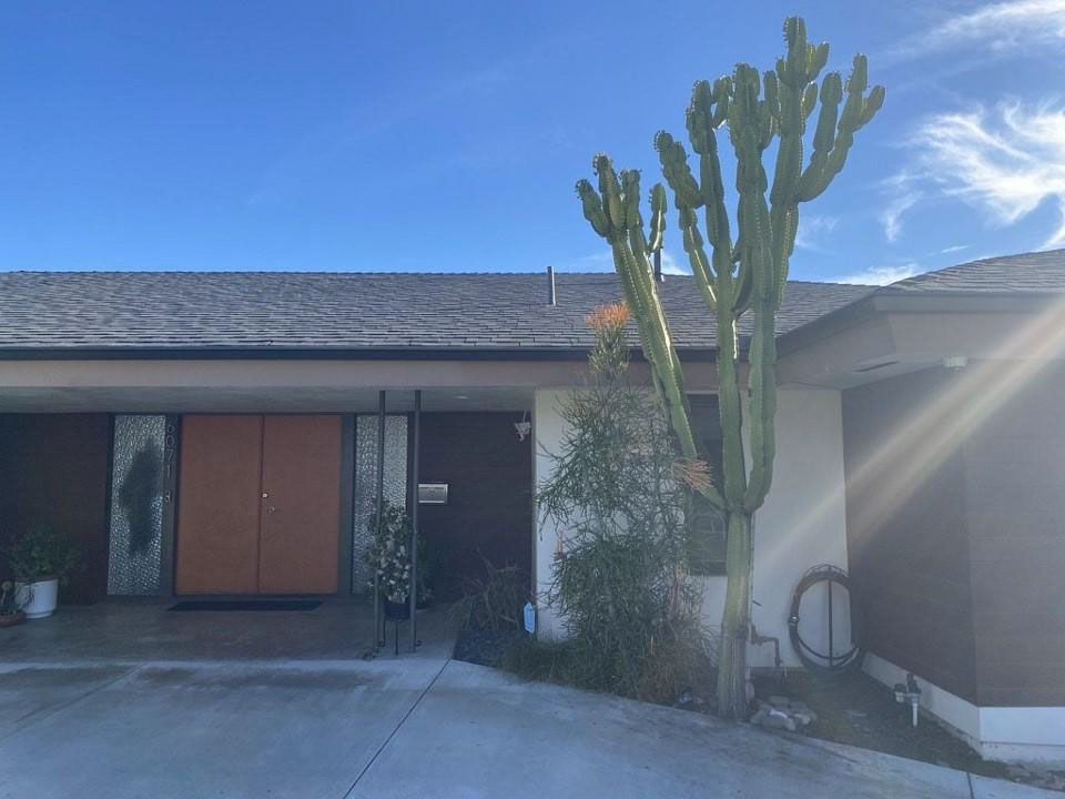 Single-story house with desert landscaping and a tall cactus under a bright blue sky.