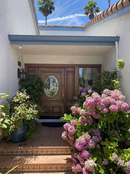 Front entry with wooden door, pink hydrangeas, and potted plants under a blue awning