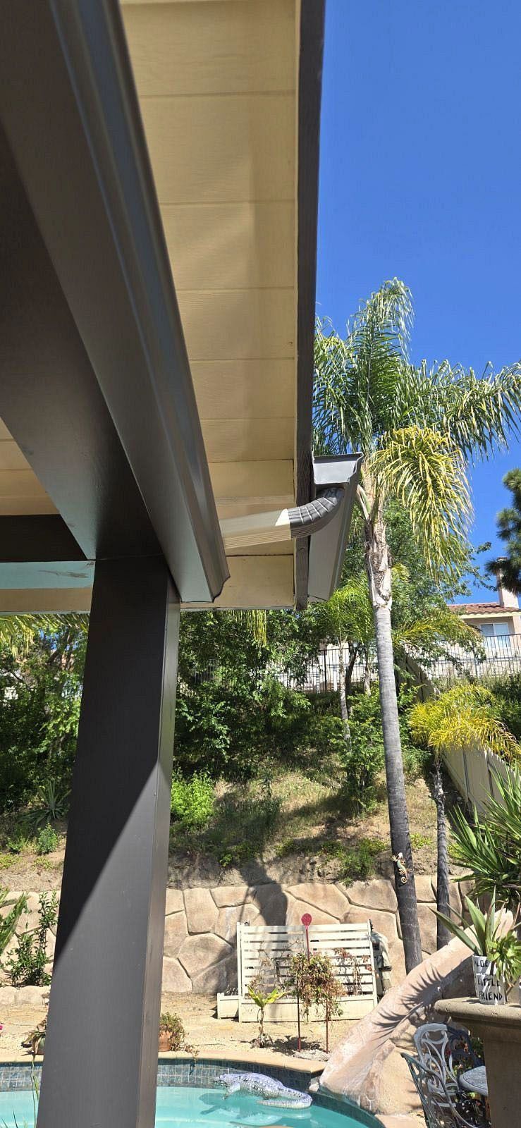 Modern house eaves over a sunny backyard with palm trees, stone steps, and hillside landscaping