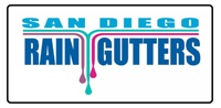 San Diego Rain Gutters logo in blue with teal and pink rain drops