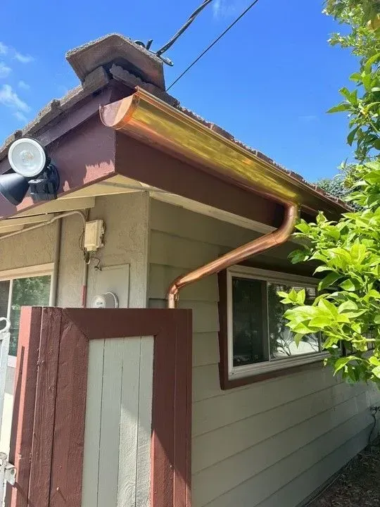 Side view of a small house with pink trim, copper gutter, window, and leafy greenery under a blue sky
