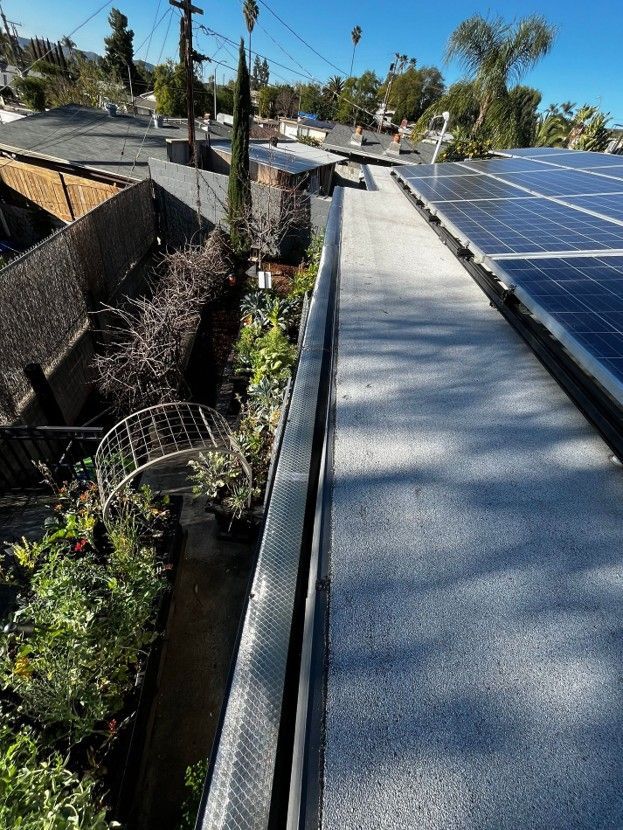 Rooftop garden beside solar panels, with a narrow planted walkway and clear blue sky.
