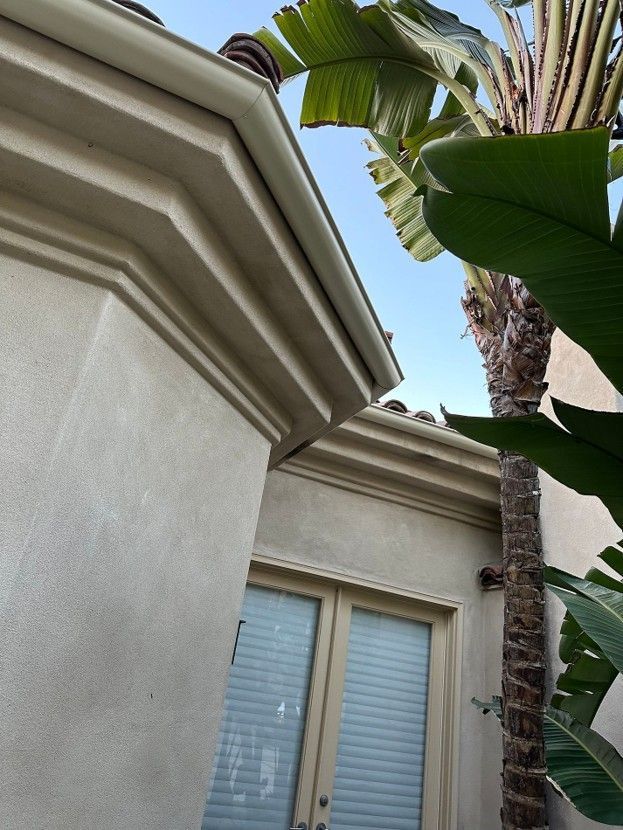 Stucco house exterior with window, roofline, and palm tree leaves overhead