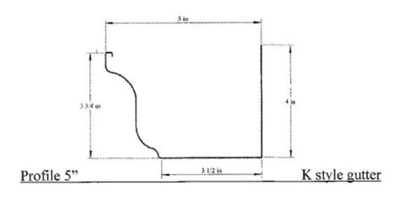 Technical drawing of a K-style gutter cross-section with labeled dimensions.