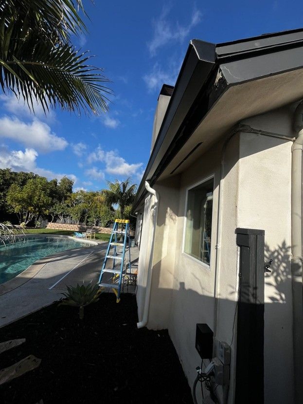Poolside house exterior with ladder, palm tree, and blue sky