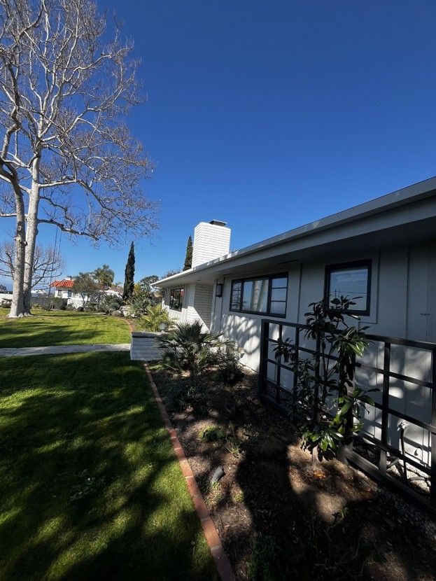 House exterior with white siding, black-trimmed windows, and a leafless tree beside a sunny lawn