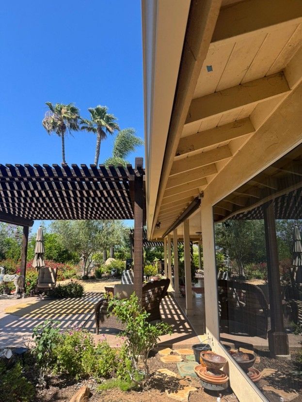 Sunny patio with pergola, plants, and palm trees under a clear blue sky