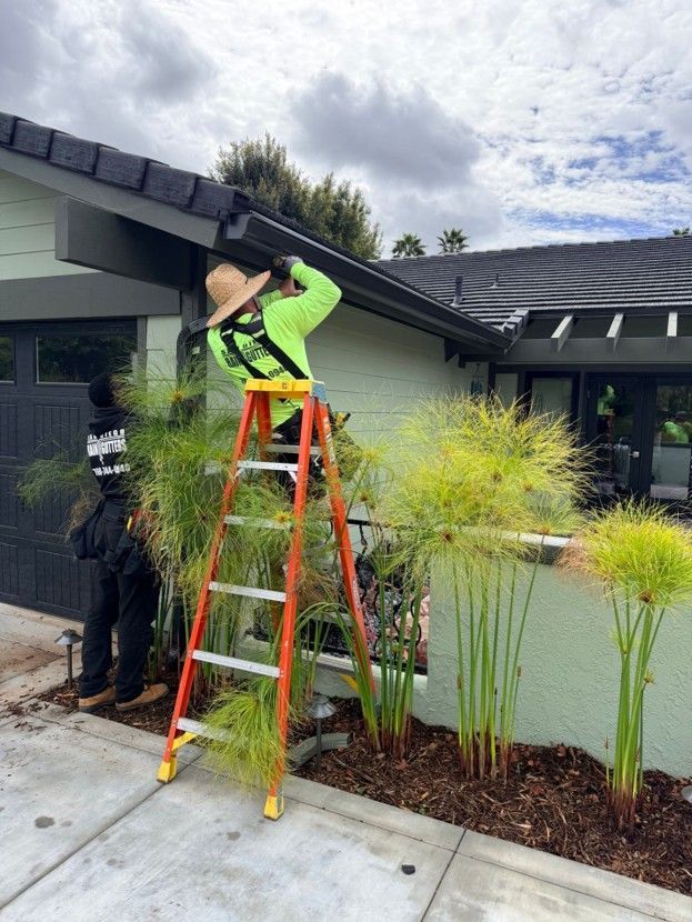 Worker on orange ladder trimming plants beside a house and driveway