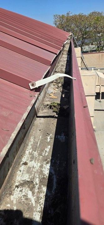 Roof gutter with debris and a loose white cable beside red metal roofing, viewed from above