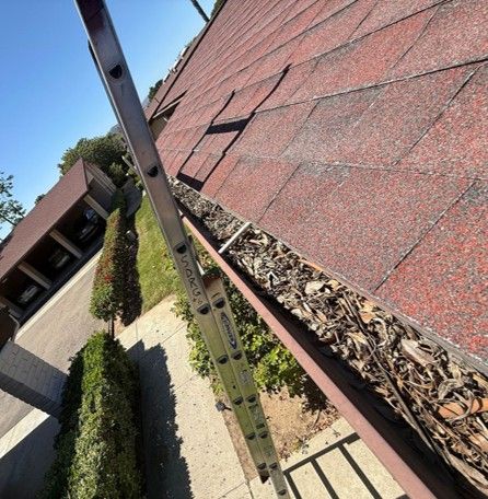 Damaged roof shingles with leaf-filled gutter beside a house and a ladder in the foreground