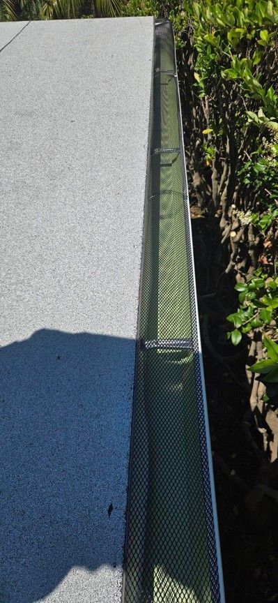 Green metal gutter along the edge of a gray rooftop beside dense bushes