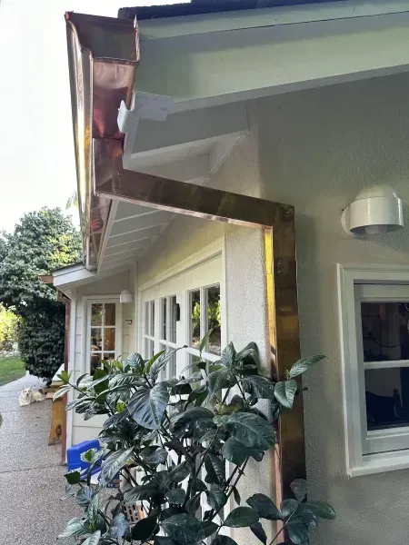 House exterior with white siding, copper trim, windows, and leafy plants beside the entrance