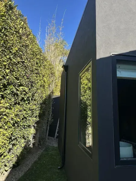 Narrow outdoor walkway beside a tall hedge and gray building, with blue sky overhead.