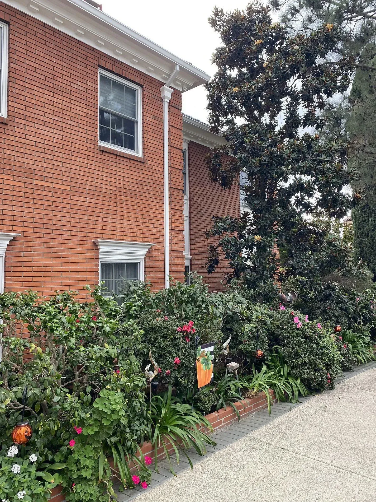 Red brick building beside a garden path with dense flowering shrubs and a tall tree