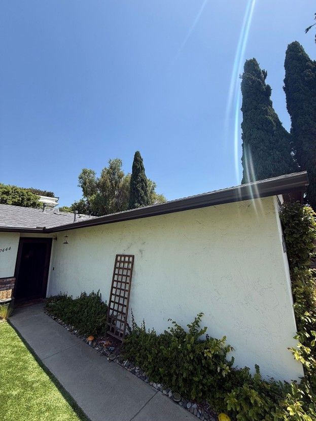 White stucco house exterior with a concrete walkway, shrubs, and tall trees under a clear blue sky