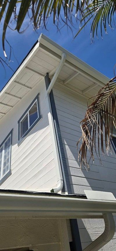 Tall white house exterior with blue-trimmed windows and palm fronds against a clear sky