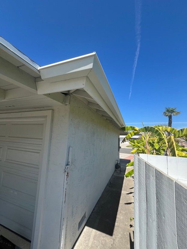 Narrow side yard beside a white garage with fence, palm trees, and blue sky.